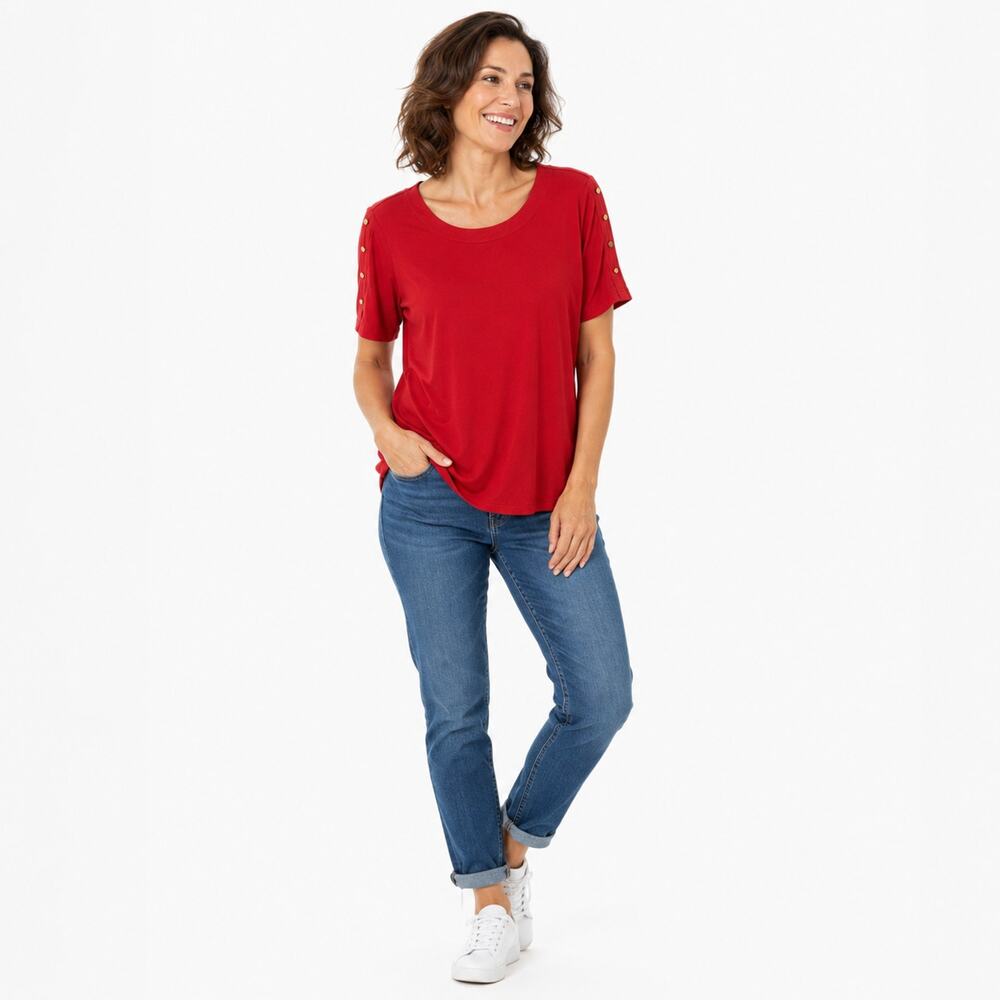 Susan Graver Top Size Small Petite Red Stretch Knit Office Chic Casual Pullover